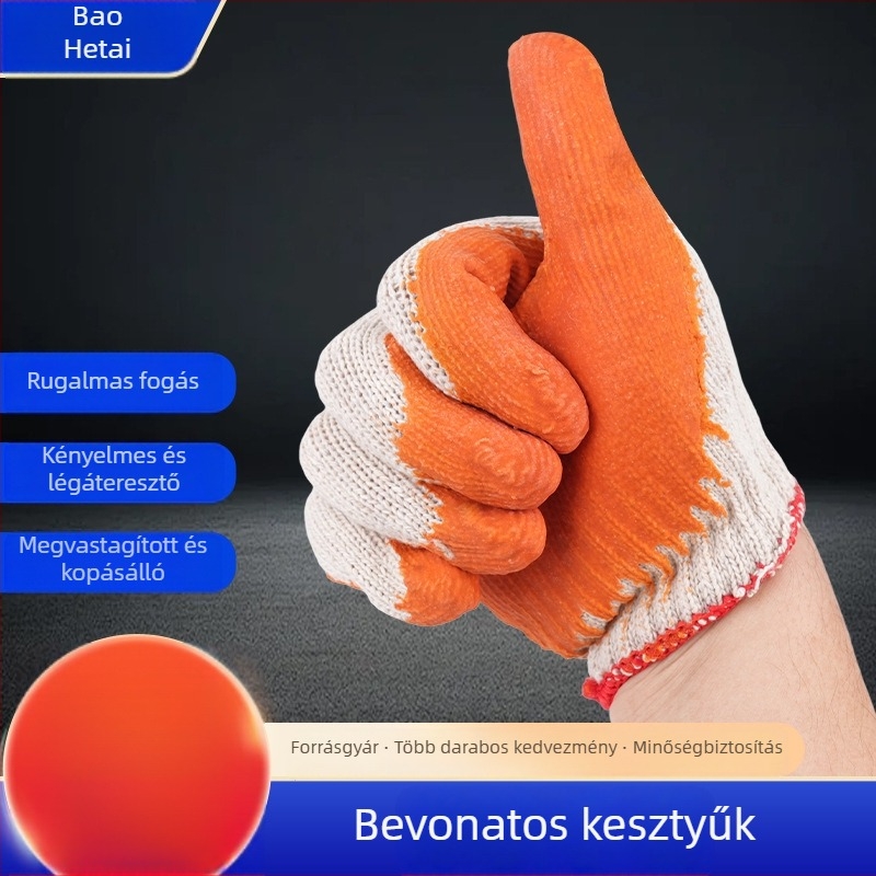Csúszásmentes, vastagított pamutfonalú kesztyű gumírozott bevonattal, kopásálló munkavédelmi kesztyű