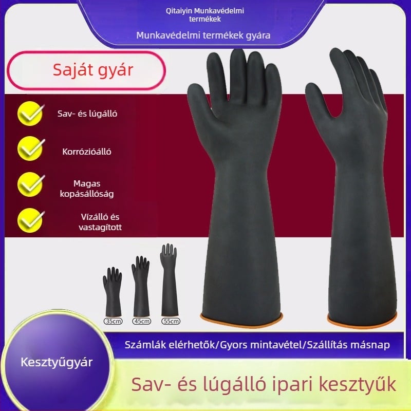 Fekete gumikesztyűk, dupla rétegű, hosszú mandzsetta, sav- és lúgálló latexvédő kesztyűk