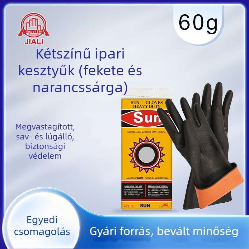 60GXL kétszínű, vastagított ipari kesztyű, fekete külső, narancs belső, sav- és lúgálló, szúrásálló
