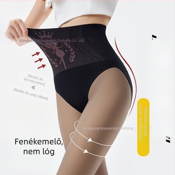 Női fleeces belső bélelő harisnya, fekete, selymes fényű, átlátszó, magas derék, vastag, egyrészes kialakítás, nedves ragyogás