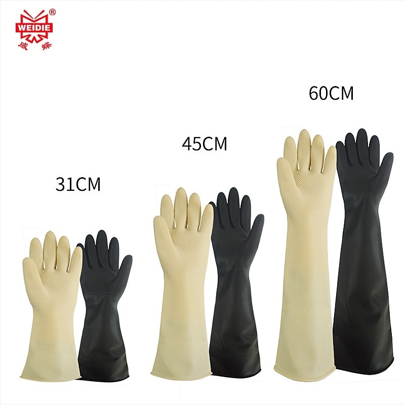 Sav- és lúgálló gumikesztyűk, meghosszabbított hosszúságú, kémiai latex, 45 cm és 60 cm, olaj- és korrózióálló