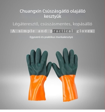 Chuangxin Nyitott mandzsettás olajálló kesztyűk, ipari sav- és lúgálló, dip-plasztik bevonattal, vízálló gumikesztyűk, megerősítettek