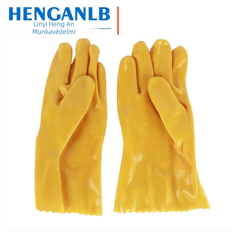 Yufeng 028 Sárga ipari PVC kesztyűk, 28 cm, olajálló, szennyeződés elleni, sav-bázis ellenálló, pamut bélésű, PVC bevonatú