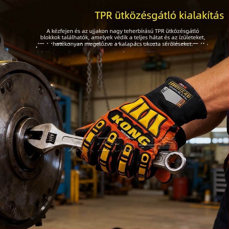 Mechanikus kesztyű ütés- és ütközésvédelmi, hátoldalán TPR, tenyéren PVC kopásálló, munka- és mentési célokra