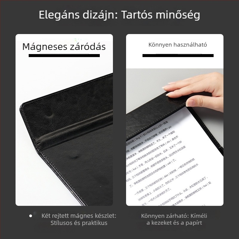 A4 bőrből készült mágneszáras mappa, klippel és aláírási táblával