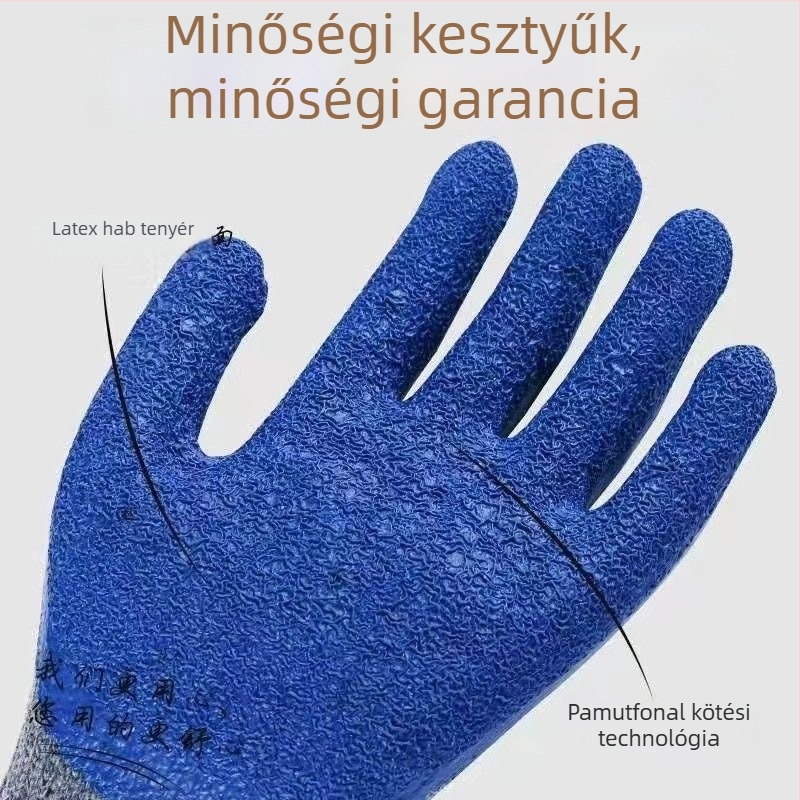 Nylon-latex bevonatú munkavédelmi kesztyű, relieft gumírozott felület, kopásálló, csúszásmentes, lélegző, szürke kötött anyag kék bevonattal