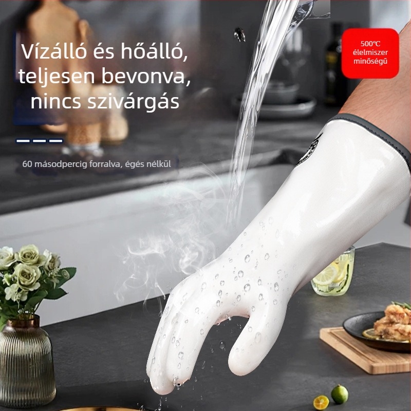 Konyhai hőálló kesztyűk, gumiból, extra hosszú, vastag, vízálló, sütőben használható, mosogatáshoz való kesztyűk