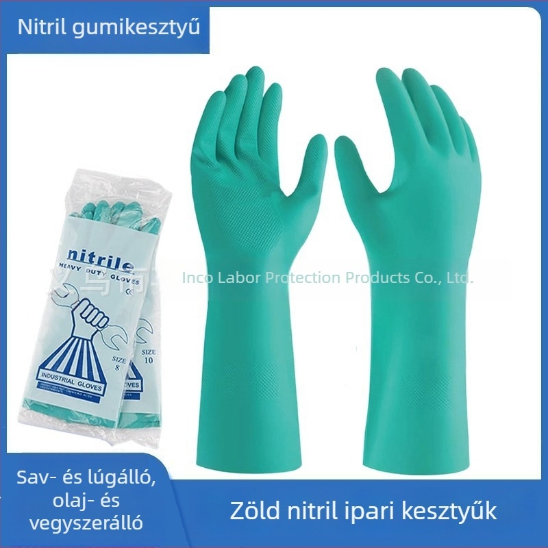 Zöld nitril ipari kesztyűk, sav- és bázisálló, olajálló, korrózióálló