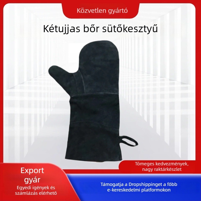 Kétujjas marhabőrből készült kesztyű BBQ-hoz és hegesztéshez, hőálló és szigetelt, kültéri használatra