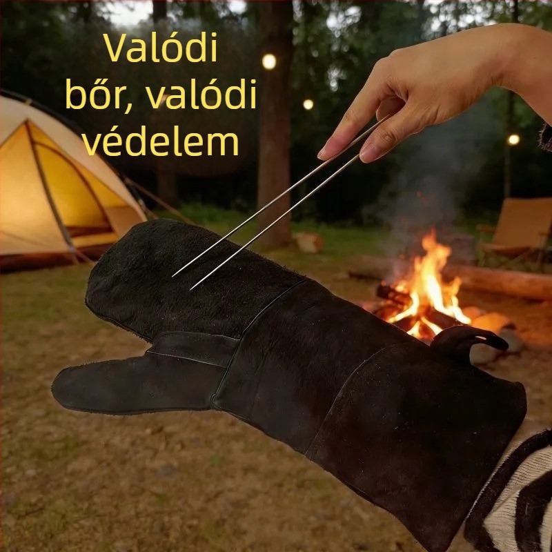 Kétujjas marhabőrből készült kesztyű BBQ-hoz és hegesztéshez, hőálló és szigetelt, kültéri használatra