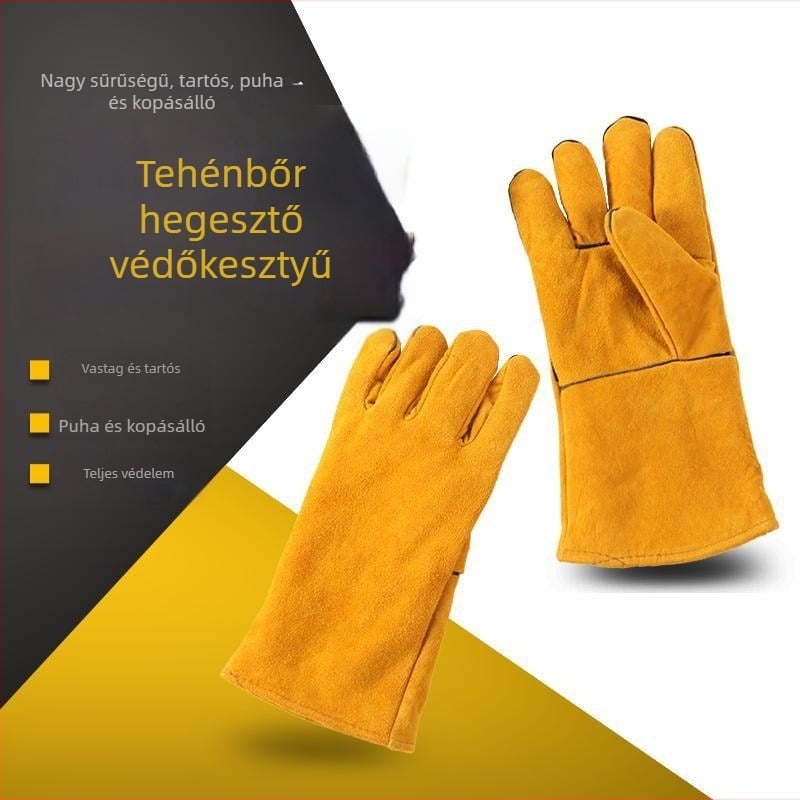Hosszított marhabőr hegesztő kesztyűk – kopásálló, hőszigetelt, vastított dizájn a hegesztés védelméért.