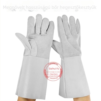 Suede marhabőr hegesztő kesztyűk, kopásállóak és hőszigeteltek, hosszított kettős rétegű bőrcsuklórész