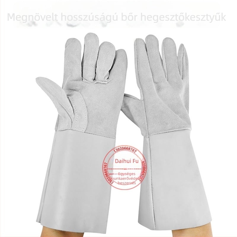 Suede marhabőr hegesztő kesztyűk, kopásállóak és hőszigeteltek, hosszított kettős rétegű bőrcsuklórész