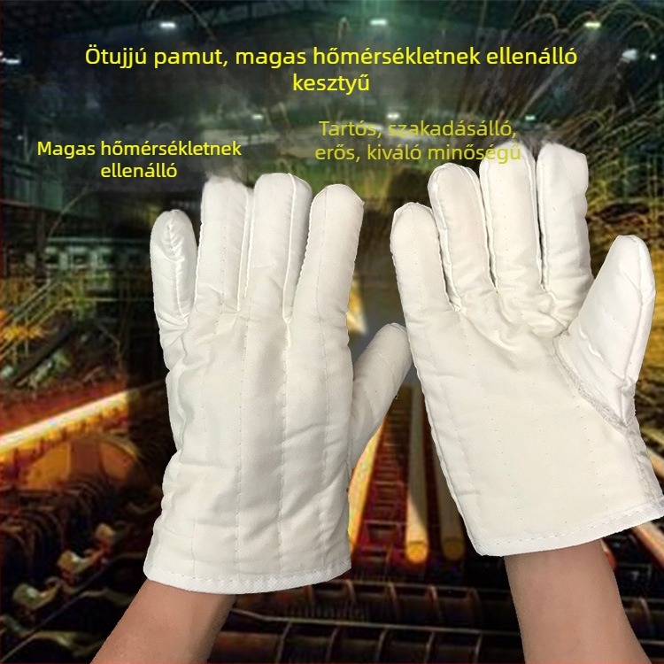 Magas hőmérséklettel ellenálló kesztyű pamut párnázással, vastag szigeteléssel, öt ujjal, ipari védelem