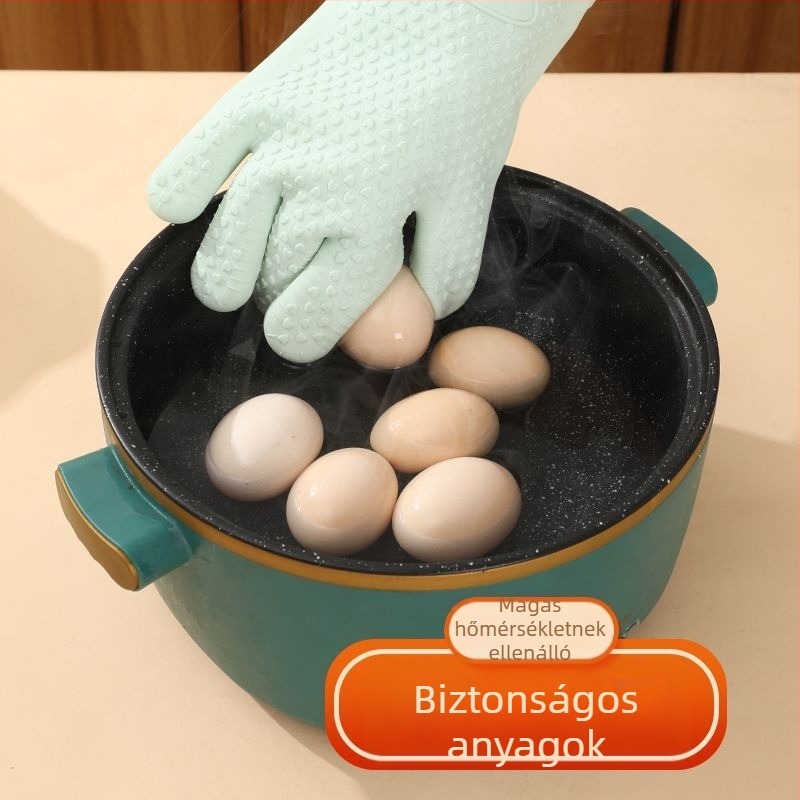 Konyhai hőálló kesztyű szilikonból, vastag belső bélésű, 27 cm hosszú, vízálló, otthoni sütéshez.
