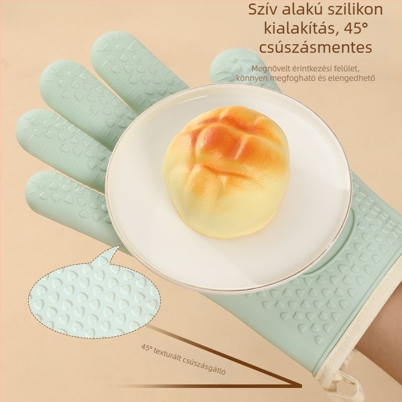 Konyhai hőálló kesztyű szilikonból, vastag belső bélésű, 27 cm hosszú, vízálló, otthoni sütéshez.