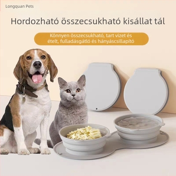 Szilikonból készült összecsukható etetőtál, dupla tál kutyáknak, hordozható kültéri utazásokhoz