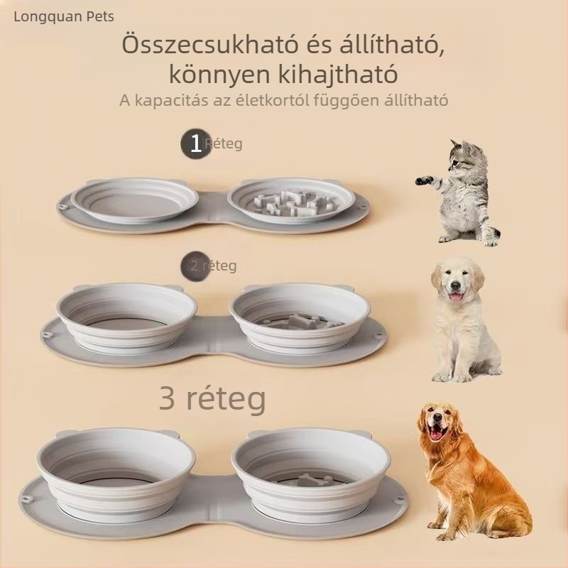 Szilikonból készült összecsukható etetőtál, dupla tál kutyáknak, hordozható kültéri utazásokhoz