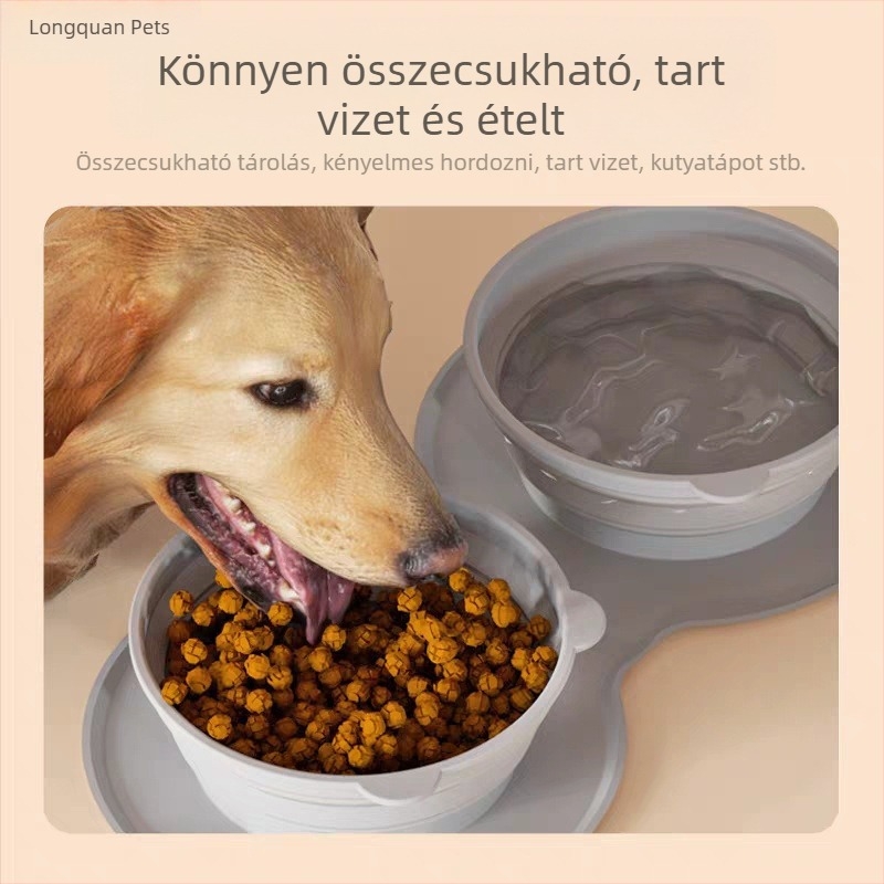 Szilikonból készült összecsukható etetőtál, dupla tál kutyáknak, hordozható kültéri utazásokhoz