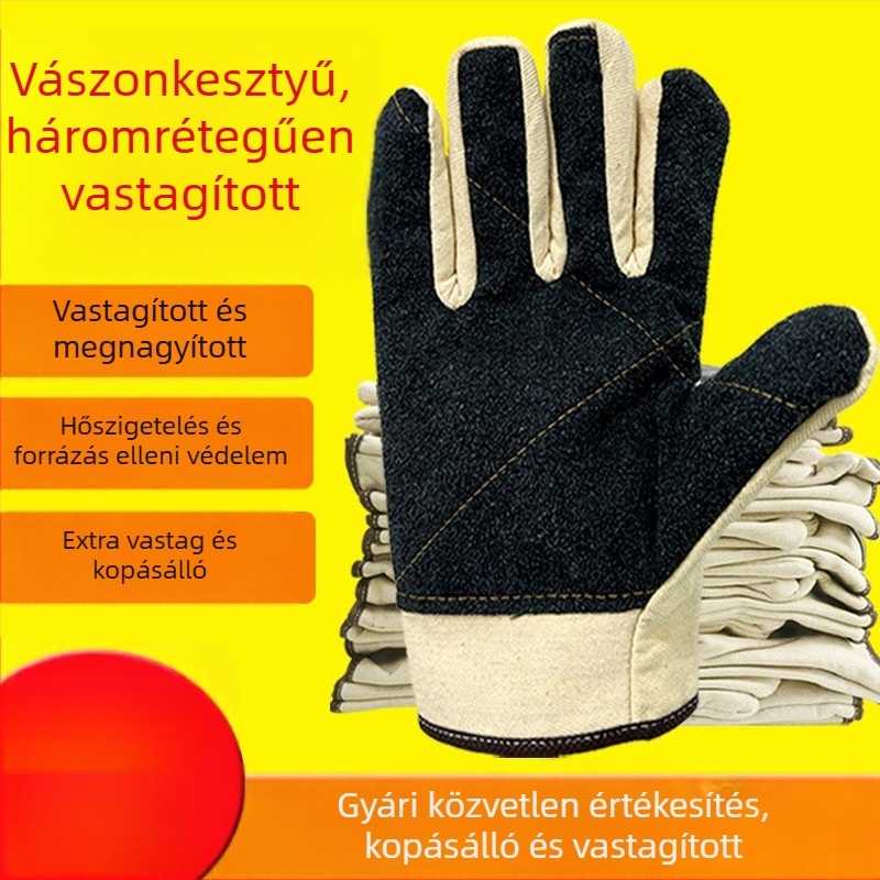 Munkakesztyű vászonból a munkavédelemhez, hőszigetelő, égés elleni, magas hőmérséklet-állóság, kopásálló, háromrétegben vastagított vászon kesztyű
