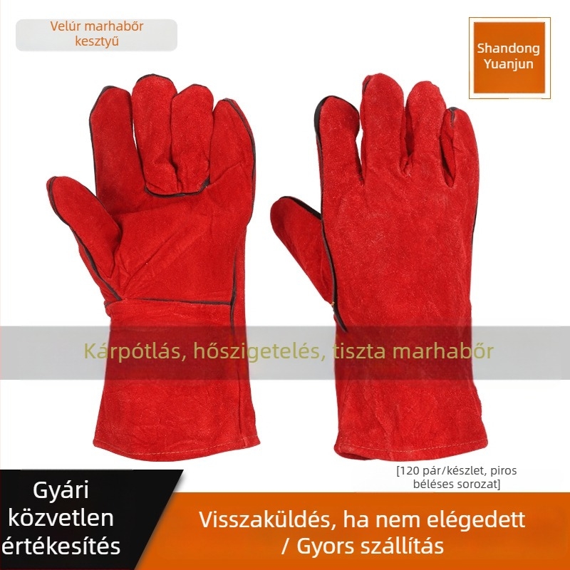 Hosszított hosszúságú hegesztőkesztyűk, két réteg tűzálló tehénbőrből, hőszigeteléssel