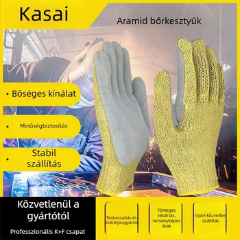 Ipari szintű aramid- és marhabőr munkakesztyűk, magas hőmérséklet-ellenállással, lángállók, vágás- és szúrásállóak, kopás- és olajállóak.