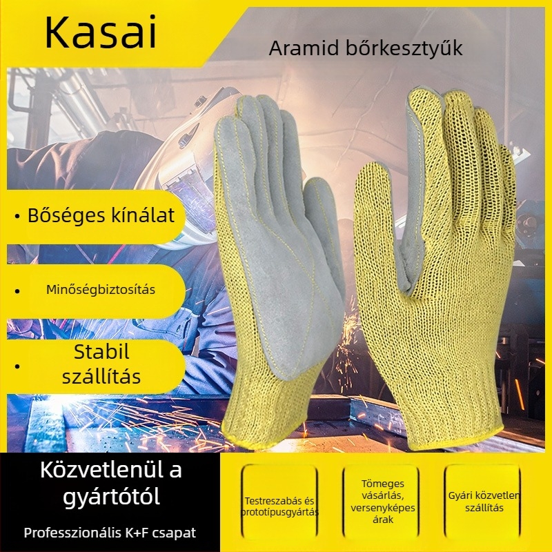 Ipari szintű aramid- és marhabőr munkakesztyűk, magas hőmérséklet-ellenállással, lángállók, vágás- és szúrásállóak, kopás- és olajállóak.