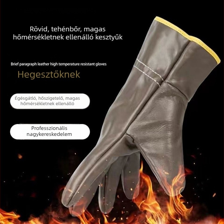 Rövid marhabőr hegesztő kesztyűk, magas hőmérsékletnek ellenálló, égésvédő, kopásálló, szakmai védőkesztyű