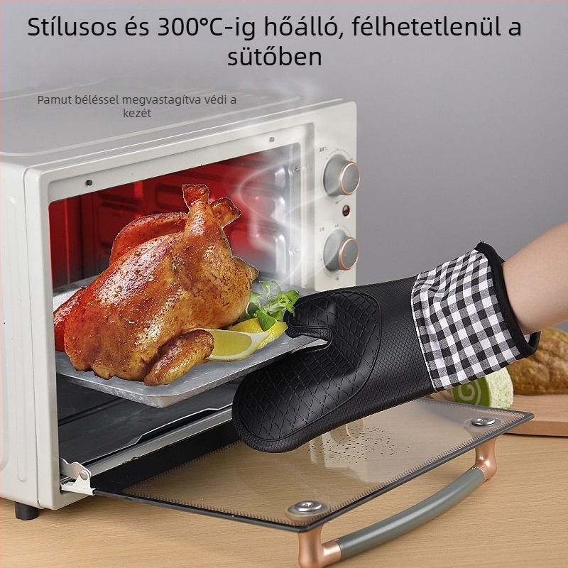 Pamut béléses vastag szilikon konyhai kesztyű, hőálló, vízálló és szigetelt, sütéshez