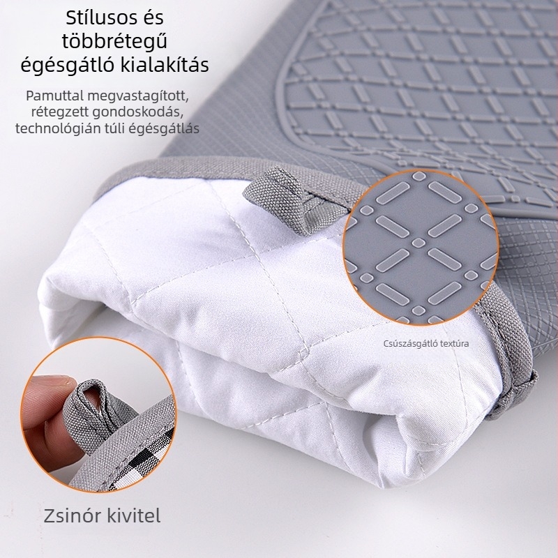 Pamut béléses vastag szilikon konyhai kesztyű, hőálló, vízálló és szigetelt, sütéshez