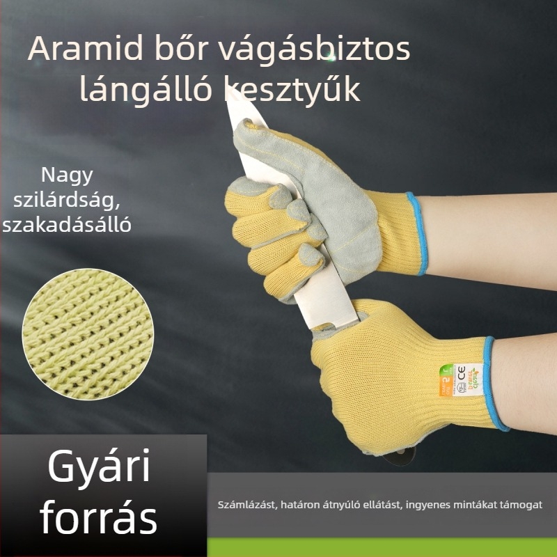 Aramid szálból és acélhuzalból készített megerősített vágásálló kesztyűk, lángállóak, 100°C-ig ellenállók, fémipari felhasználásra