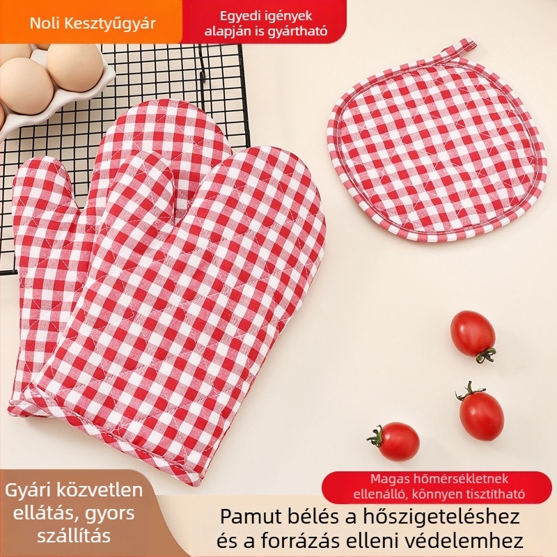 Kockás sütőkesztyű mikrohullámú sütőhöz, égésvédő, vastag hőálló konyhai kesztyű