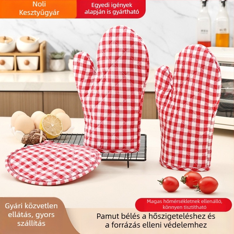 Kockás sütőkesztyű mikrohullámú sütőhöz, égésvédő, vastag hőálló konyhai kesztyű