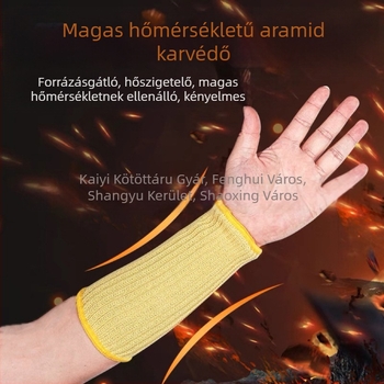 Kevlaros védő alkarvédők hőszigetelő és tűzálló kivitelben autójavítás, hegesztés, üveggyártás számára; kopásálló, légáteresztő, csúszásmentes; öt szintű vágás elleni védelem