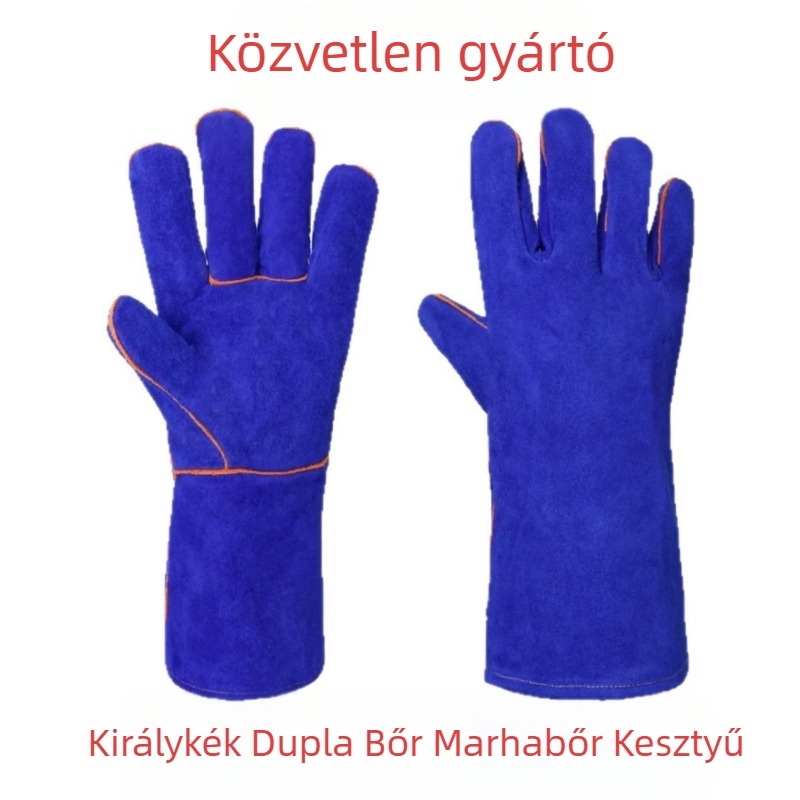 Királykék kétoldalas borjúbőrből készült hegesztő kesztyűk, kopásálló és puha, hegesztőknek, fémvágáshoz és építőipari munkákhoz