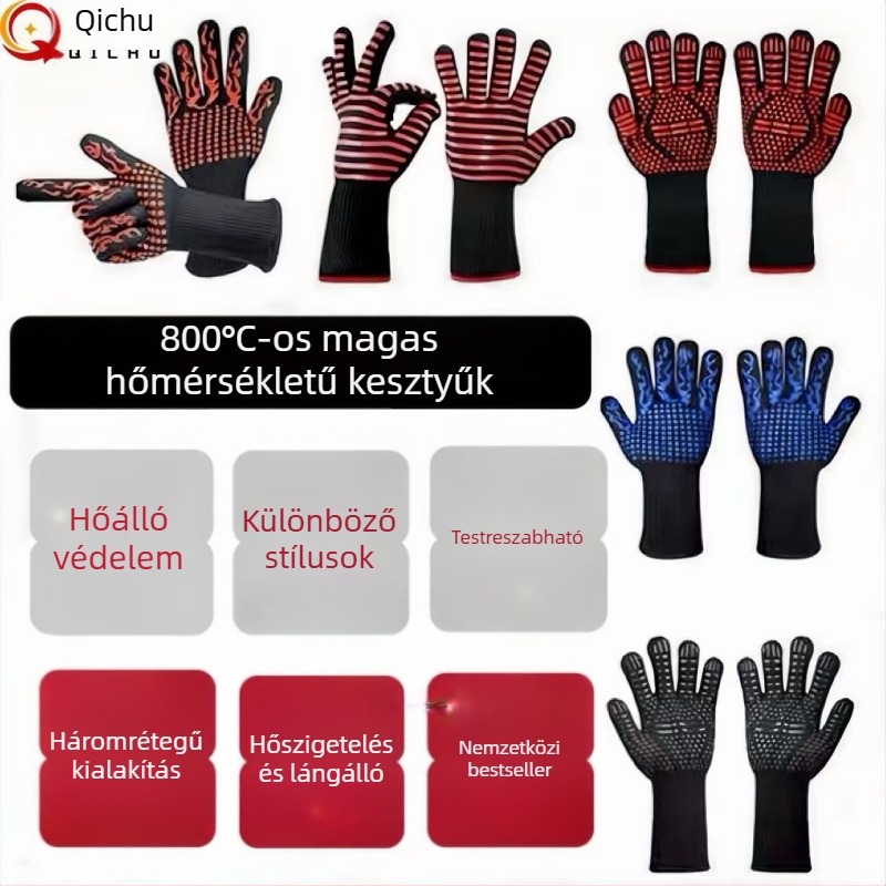 Szilikonanyagú, hőálló kesztyűk 800°C-ig, hőszigetelés, égés elleni védelem, stabil fogás sütéshez és főzéshez