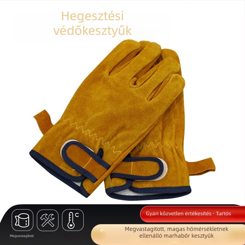 Hőálló hegesztő kesztyűk, tehénbőrből, két réteg matt bőr, rövid, aranysárga, munkahelyi használatra.