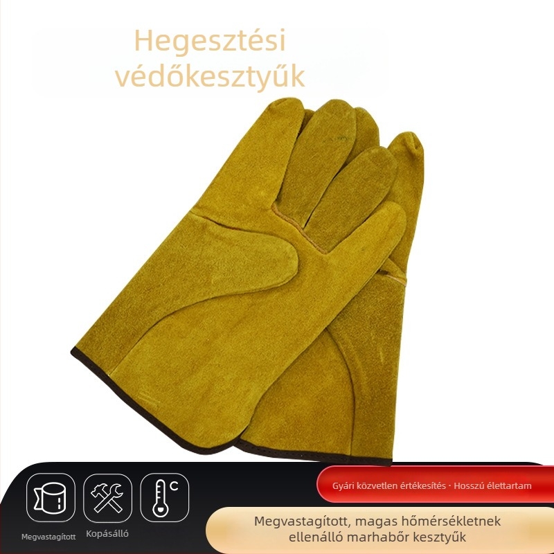 Hőálló hegesztő kesztyűk, tehénbőrből, két réteg matt bőr, rövid, aranysárga, munkahelyi használatra.