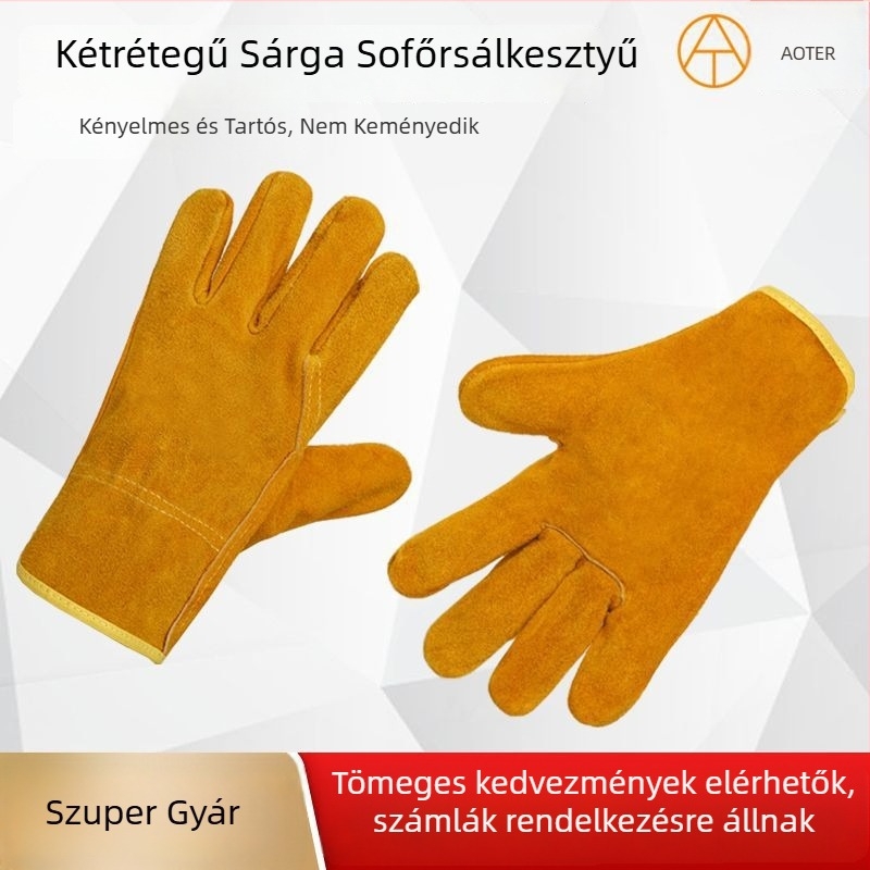 Rövid hegesztő kesztyűk, két rétegű marhabőr, sárga, teljes tenyérrel, kopásálló és hőszigetelt