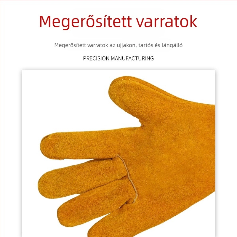 Rövid hegesztő kesztyűk, két rétegű marhabőr, sárga, teljes tenyérrel, kopásálló és hőszigetelt