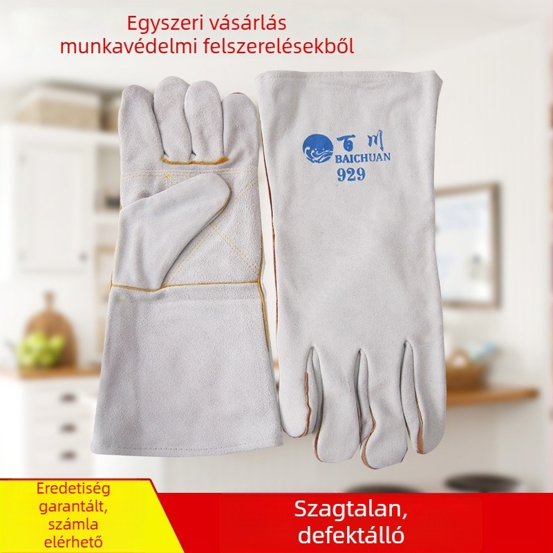 929 Borjúbőrből készült dupla rétegű hegesztő kesztyűk, hosszú, belső nedvszívó bélés, elektromos hegesztéshez, Modell 756