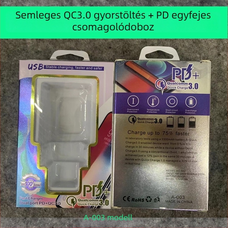 EU/US QC3.0 gyors töltésű PD töltőfej csomagolás, egyfejű doboz, semleges ezüst karton, raktáron
