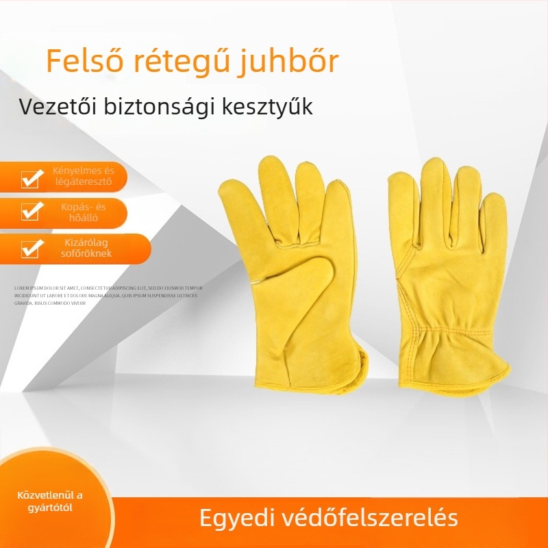Kiváló minőségű juhbőr kesztyű, aranysárga színű, sofőrvédelmi kesztyű kertészeti és hegesztési feladatokra, kényelmes, kopásálló a rakodási műveletekhez