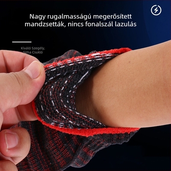 Piros-fekete kötött pamut munkavédelmi kesztyűk, kopásálló, vastított kivitel, csúszásmentes mechanikai és műhelyi feladatokhoz