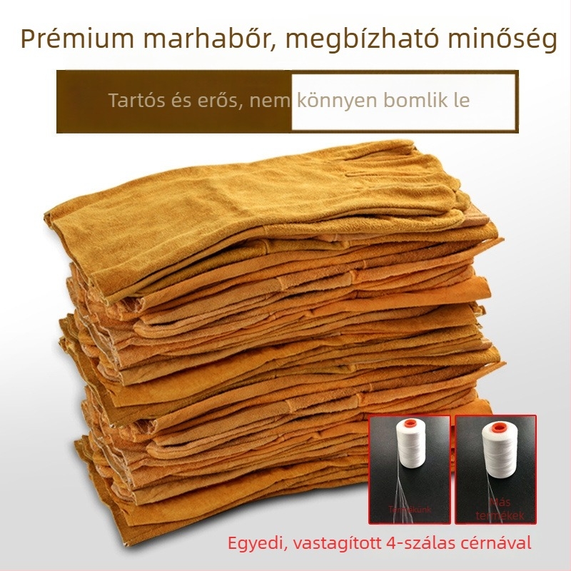 Két rétegű marhabőr hegesztőkesztyűk, hosszú, teljes tenyérrel, vastított, hőálló, magas hőmérsékletekhez