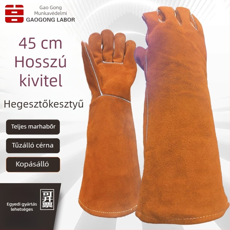 Hosszabbított hegesztő kesztyűk borjúbőrből, égésvédelmi, kopásálló, hőszigetelés, fröccsenés elleni védelem, megerősített párnázás
