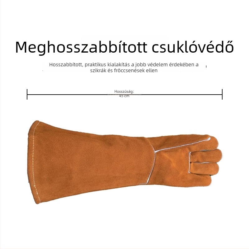 Hosszabbított hegesztő kesztyűk borjúbőrből, égésvédelmi, kopásálló, hőszigetelés, fröccsenés elleni védelem, megerősített párnázás