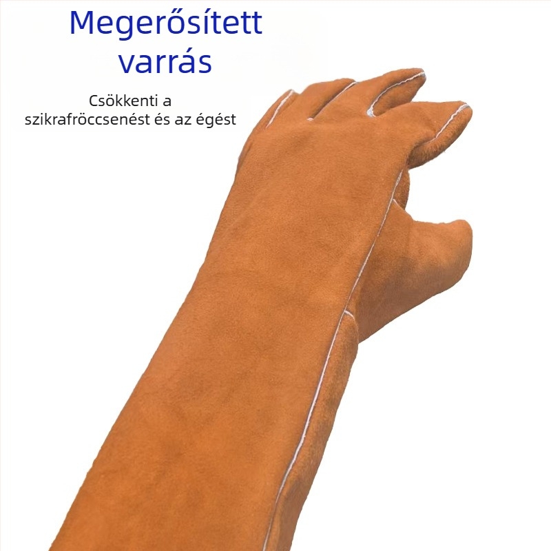 Hosszabbított hegesztő kesztyűk borjúbőrből, égésvédelmi, kopásálló, hőszigetelés, fröccsenés elleni védelem, megerősített párnázás