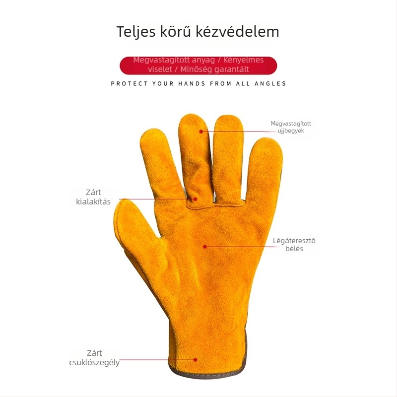 Rövid teljes bőrből készült hegesztő kesztyűk, tehénbőr, vastagított tűzálló bélés, magas hőállóság, égési sérülések elleni védelem és lángállóság