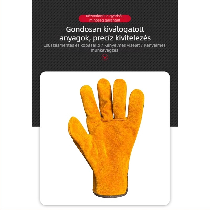 Rövid teljes bőrből készült hegesztő kesztyűk, tehénbőr, vastagított tűzálló bélés, magas hőállóság, égési sérülések elleni védelem és lángállóság